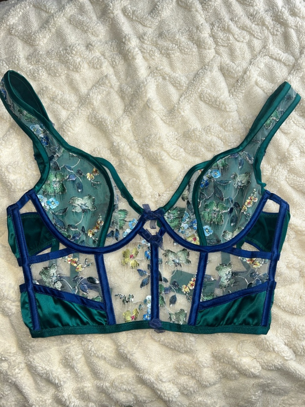 For Love And Lemons Teal and Navy Sheer Embroidered Longline Bra